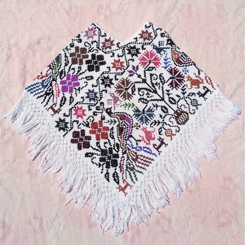 Mexican Hand Embroidered Poncho Artisanal Cross-Stitch Floral Peacock Boho Cape - Picture 3 of 13